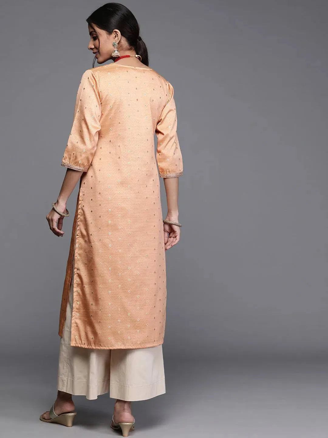 Beige Woven Design Chanderi Silk Kurta - Libas 