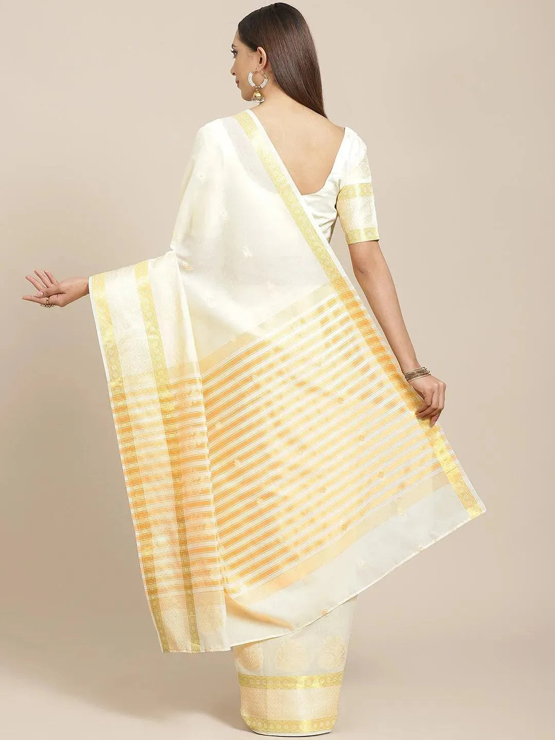 Beige Woven Design Cotton Saree - Libas 