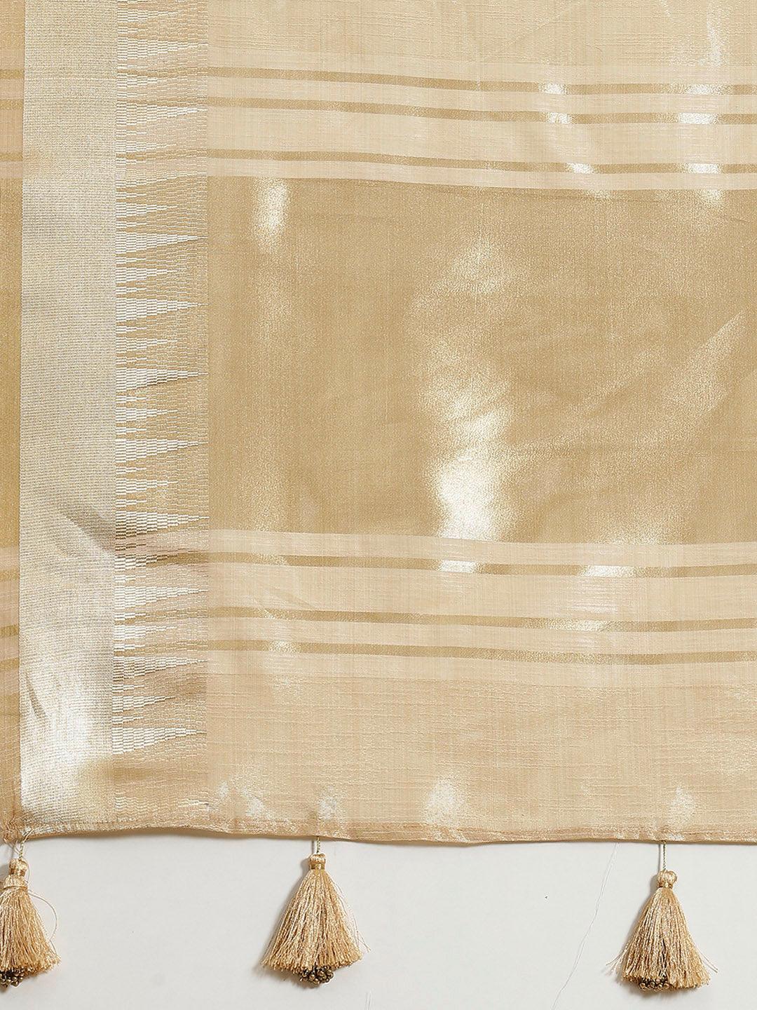 Beige Woven Design Silk Blend Saree - Libas