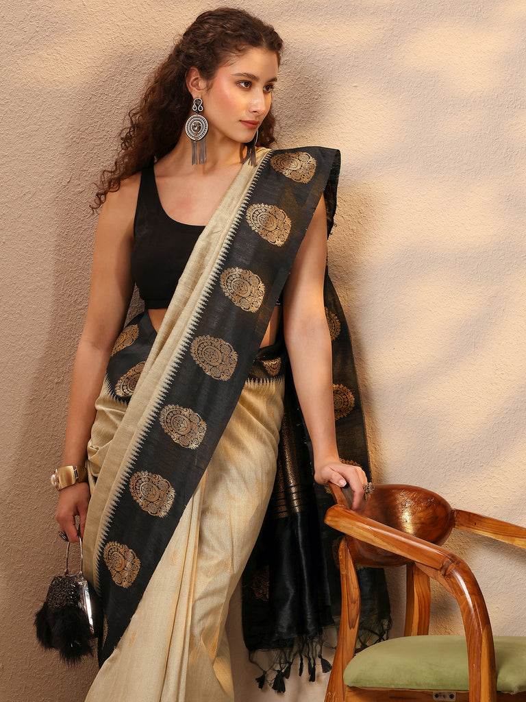 Libas Beige Woven Design Silk Blend Saree With Unstitched Blouse Piece