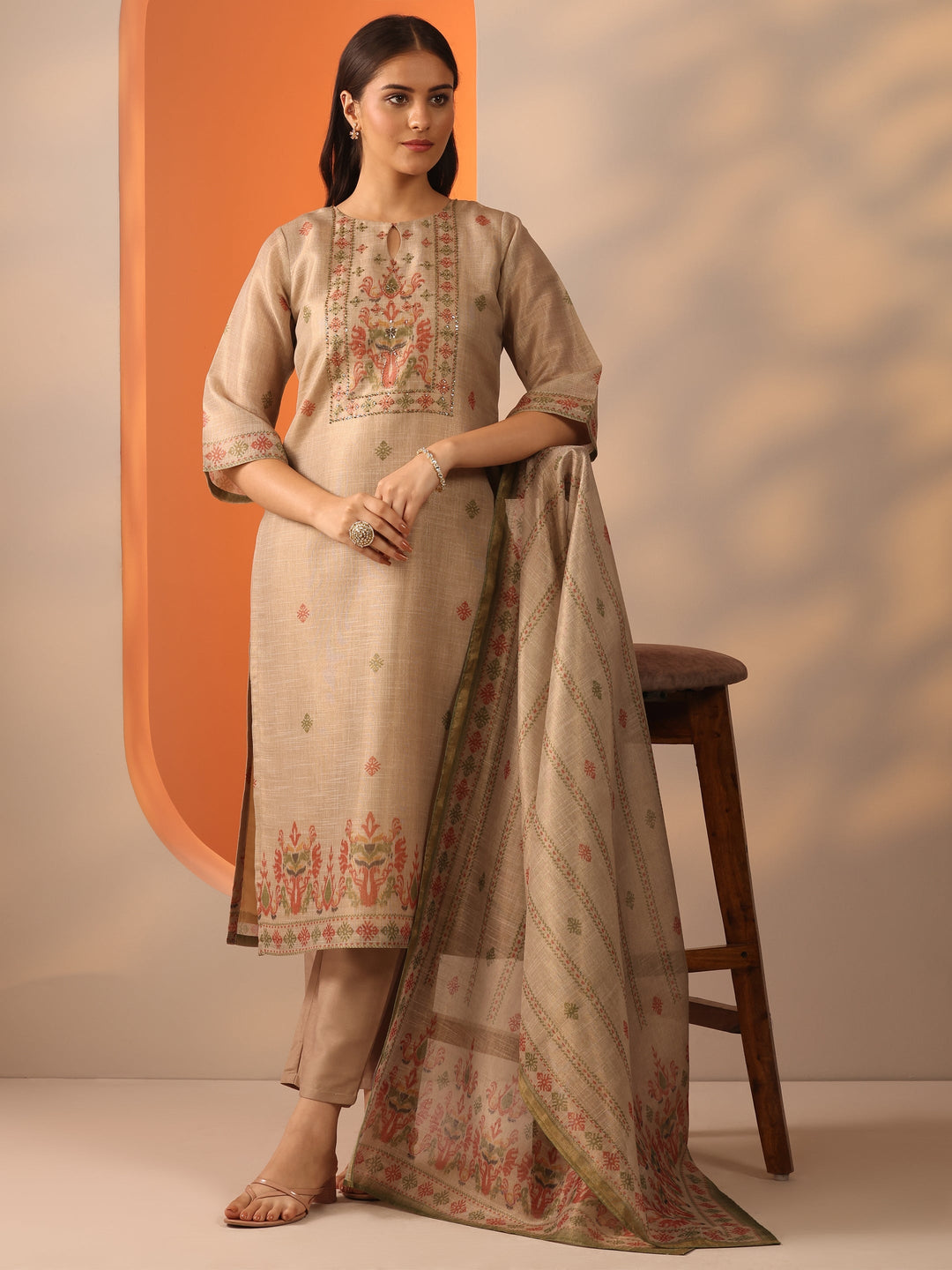  Beige Woven Design Silk blend Straight Suit Set With Dupatta 
