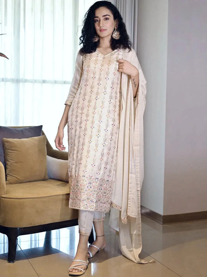 Beige Woven Design Silk Straight Kurta With Dupatta - Libas