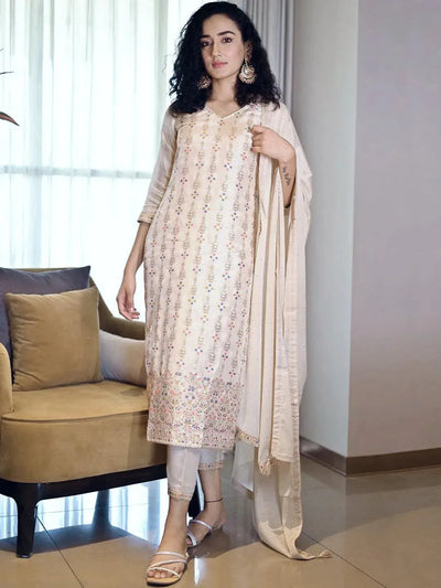 Women Beige Solid Kurta Trouser Dupatta