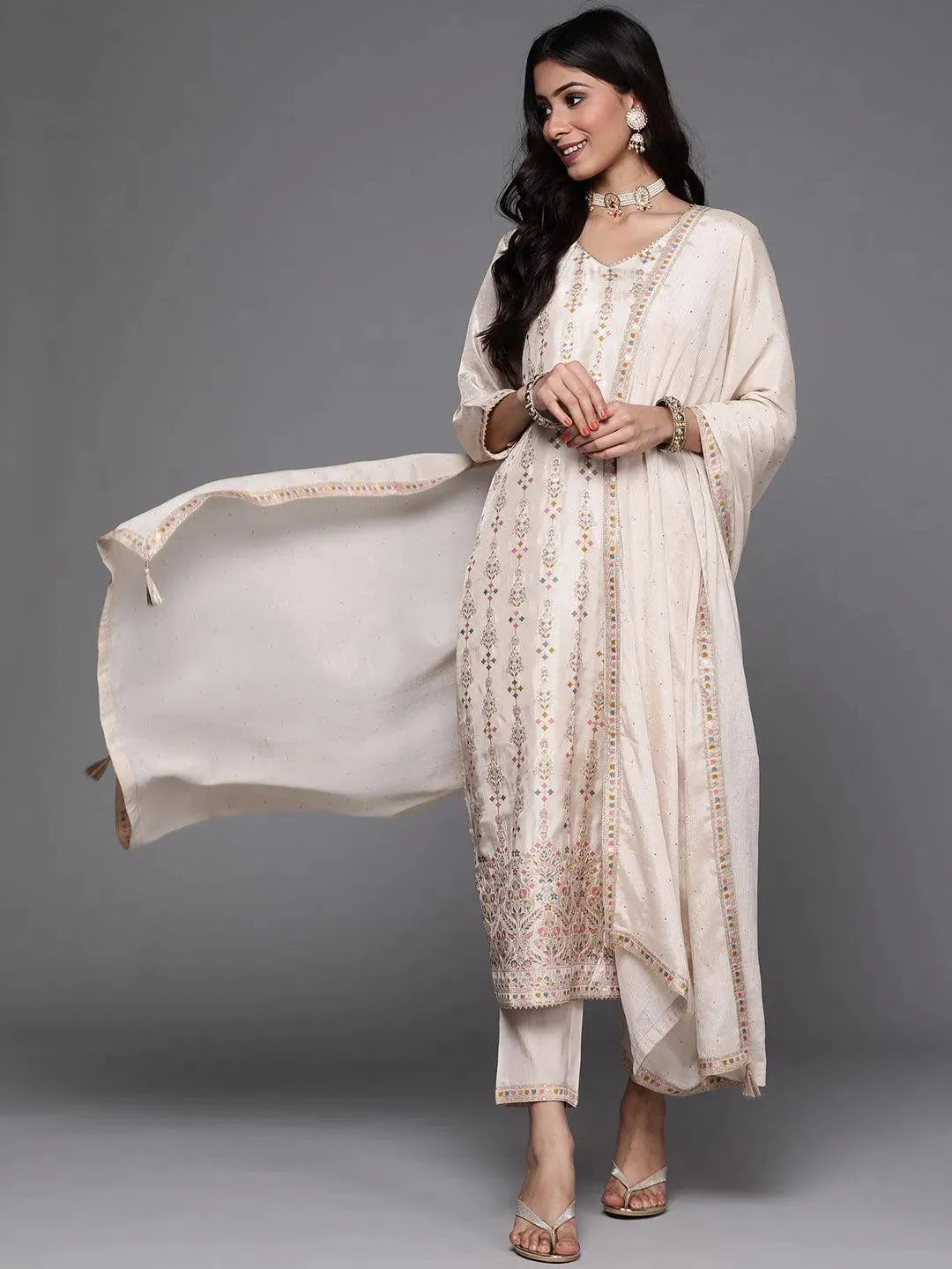 Beige Woven Design Silk Suit Set - Libas