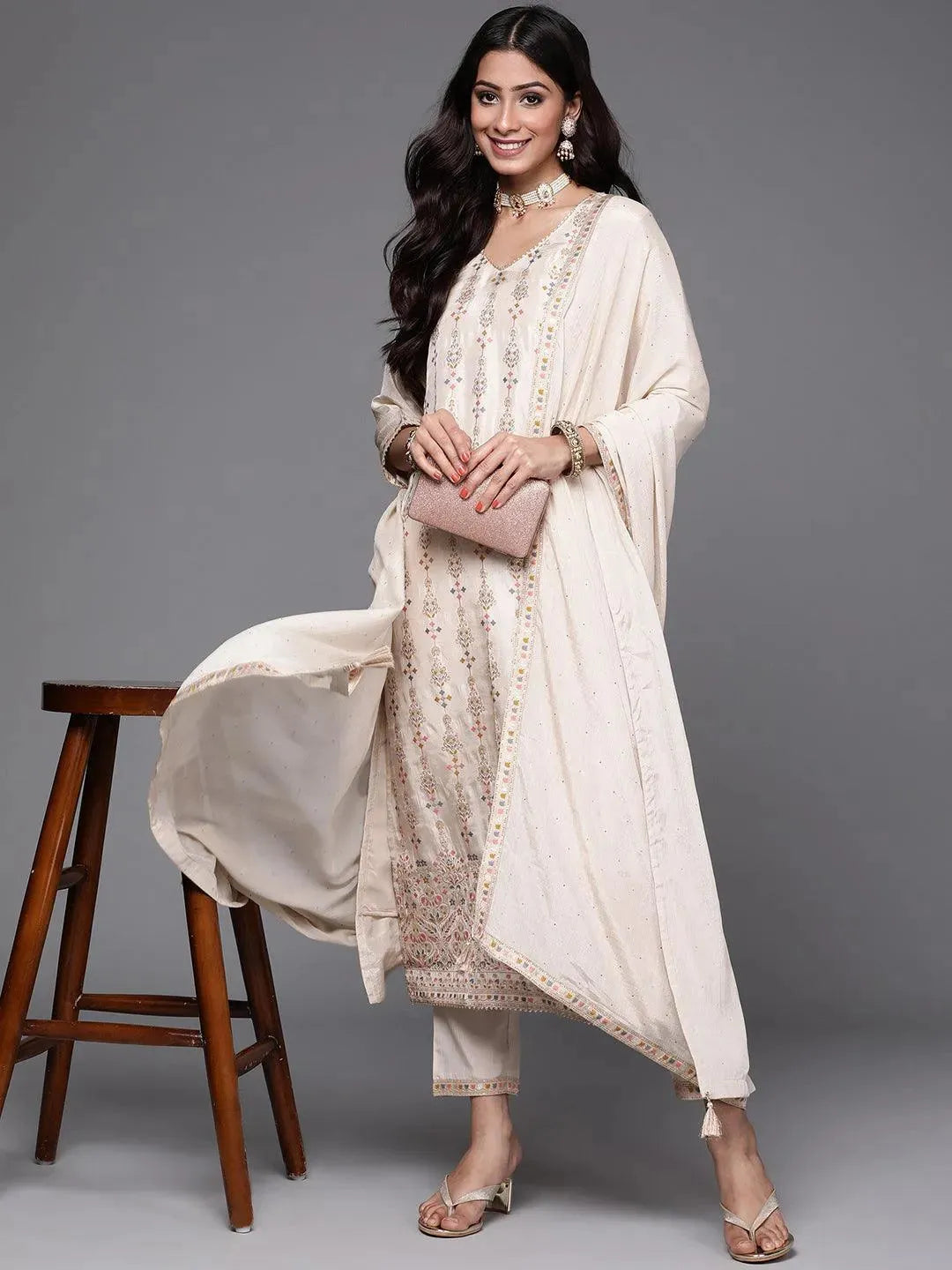 Beige Woven Design Silk Suit Set - Libas 