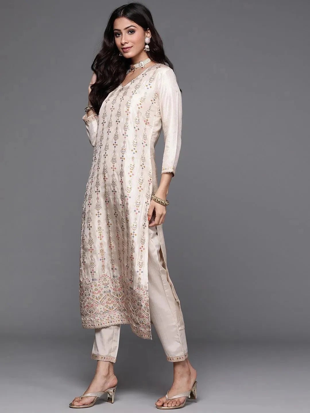 Beige Woven Design Silk Suit Set - Libas 