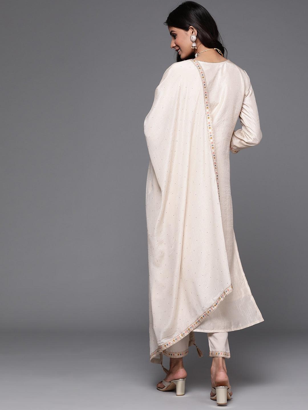 Beige Woven Design Silk Straight Kurta With Trouser & Dupatta