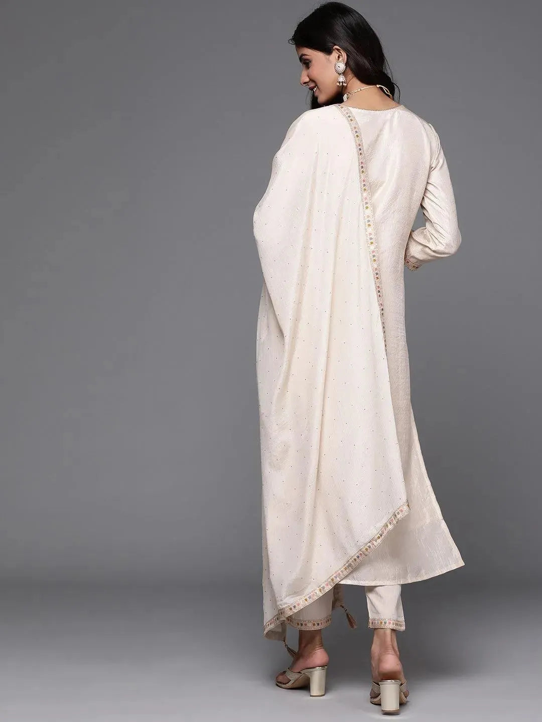 Beige Woven Design Silk Suit Set - Libas 