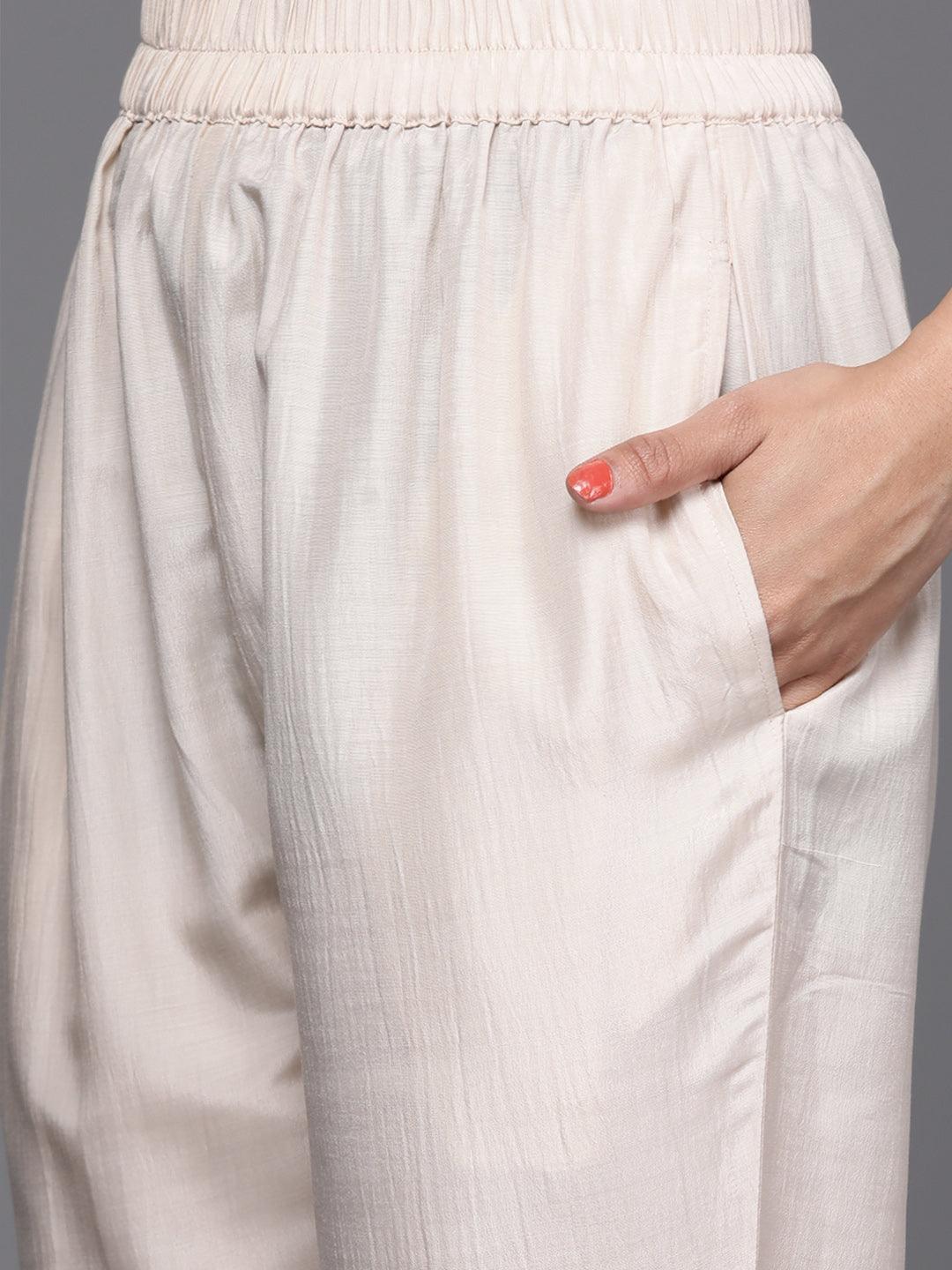 Beige Woven Design Silk Straight Kurta With Trouser & Dupatta