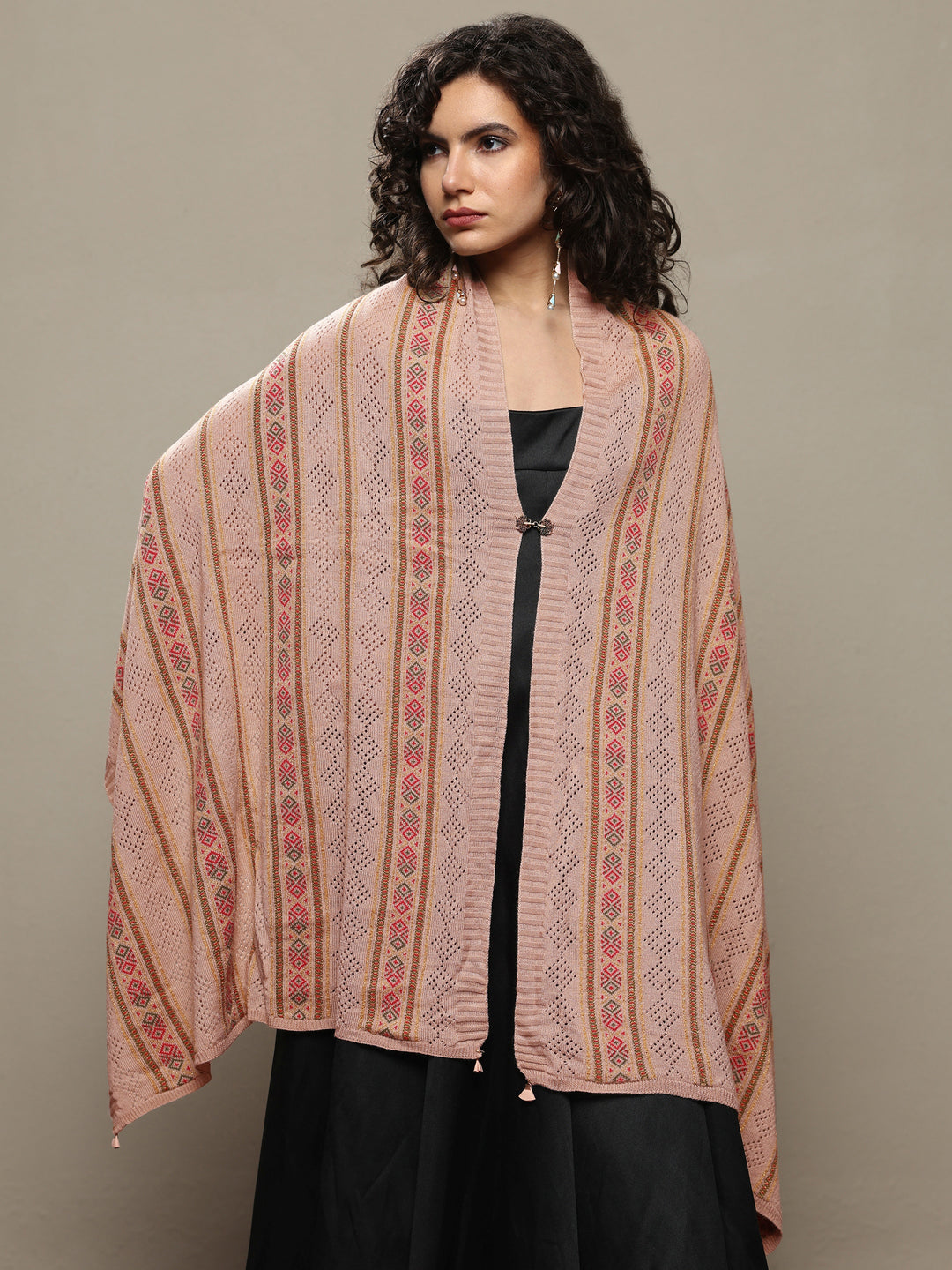 Beige Woven Design Wool Women's Shawl