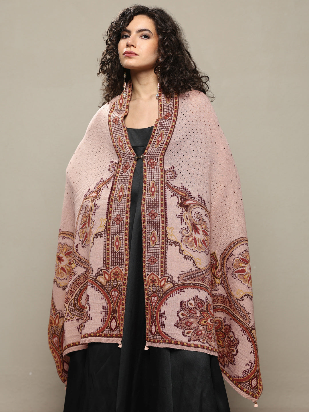 Beige Woven Design Wool Women's Shawl