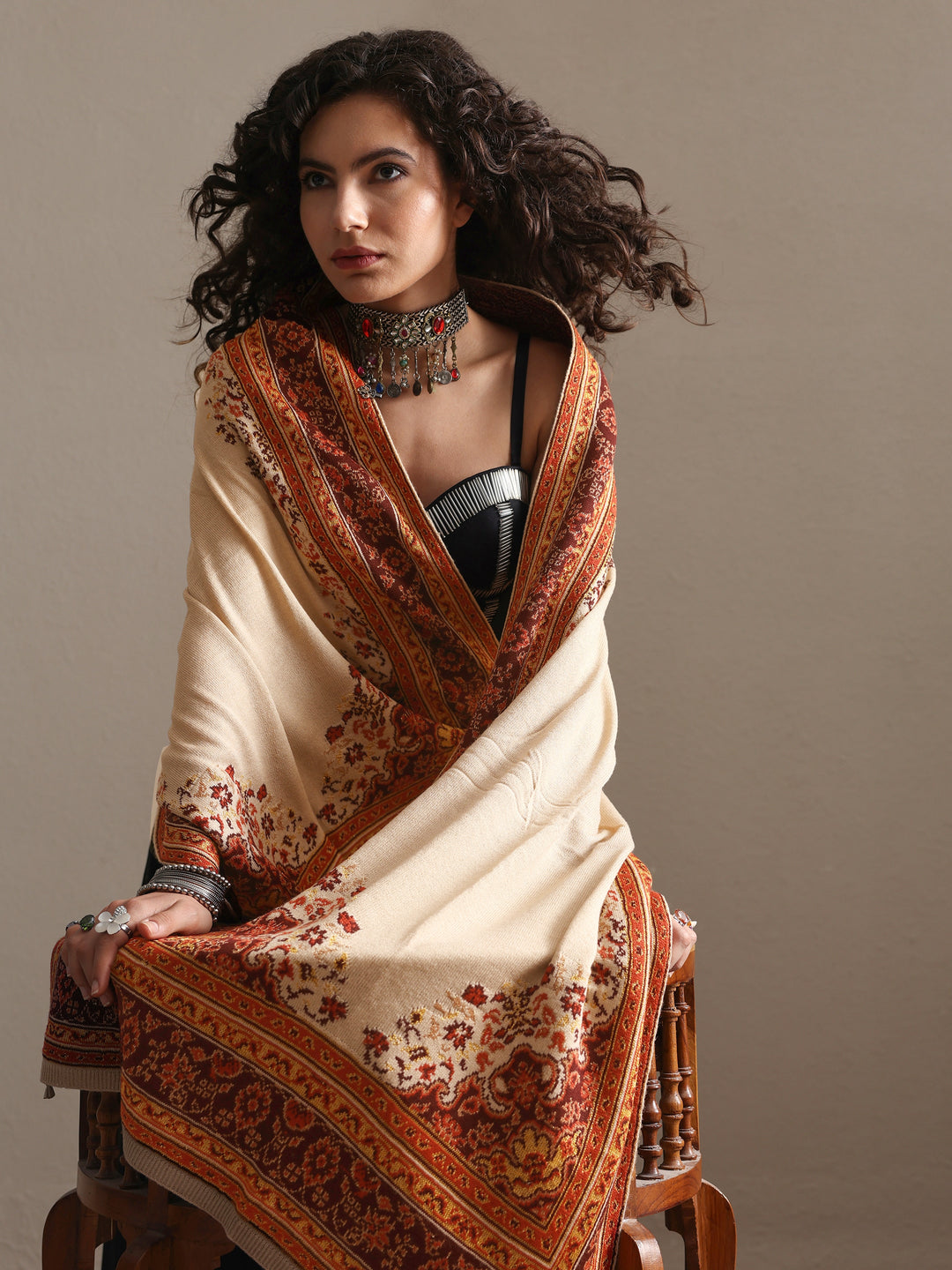  Beige Woven Design Wool Women's Shawl 