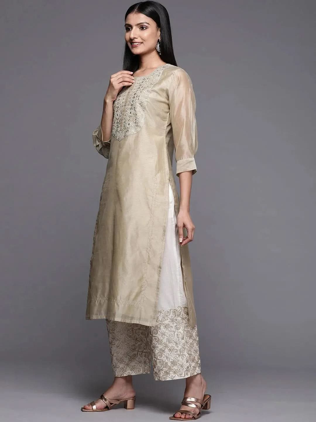 

Beige Yoke Design Chanderi Cotton Straight Kurta