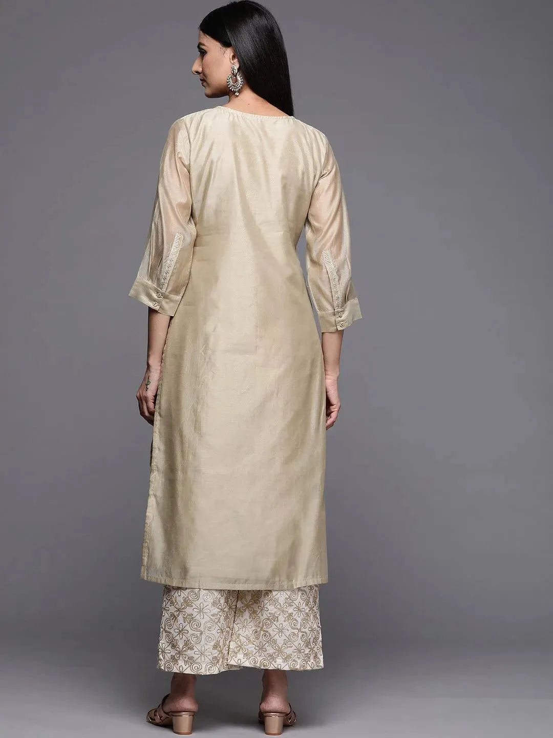 Beige Yoke Design Chanderi Cotton Straight Kurta - Libas 