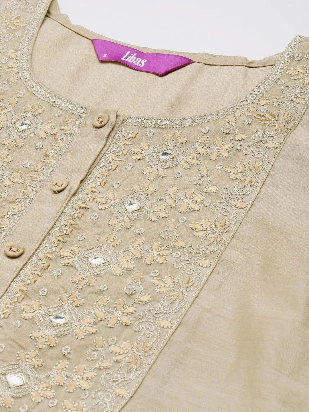 Beige Yoke Design Chanderi Cotton Straight Kurta - Libas 