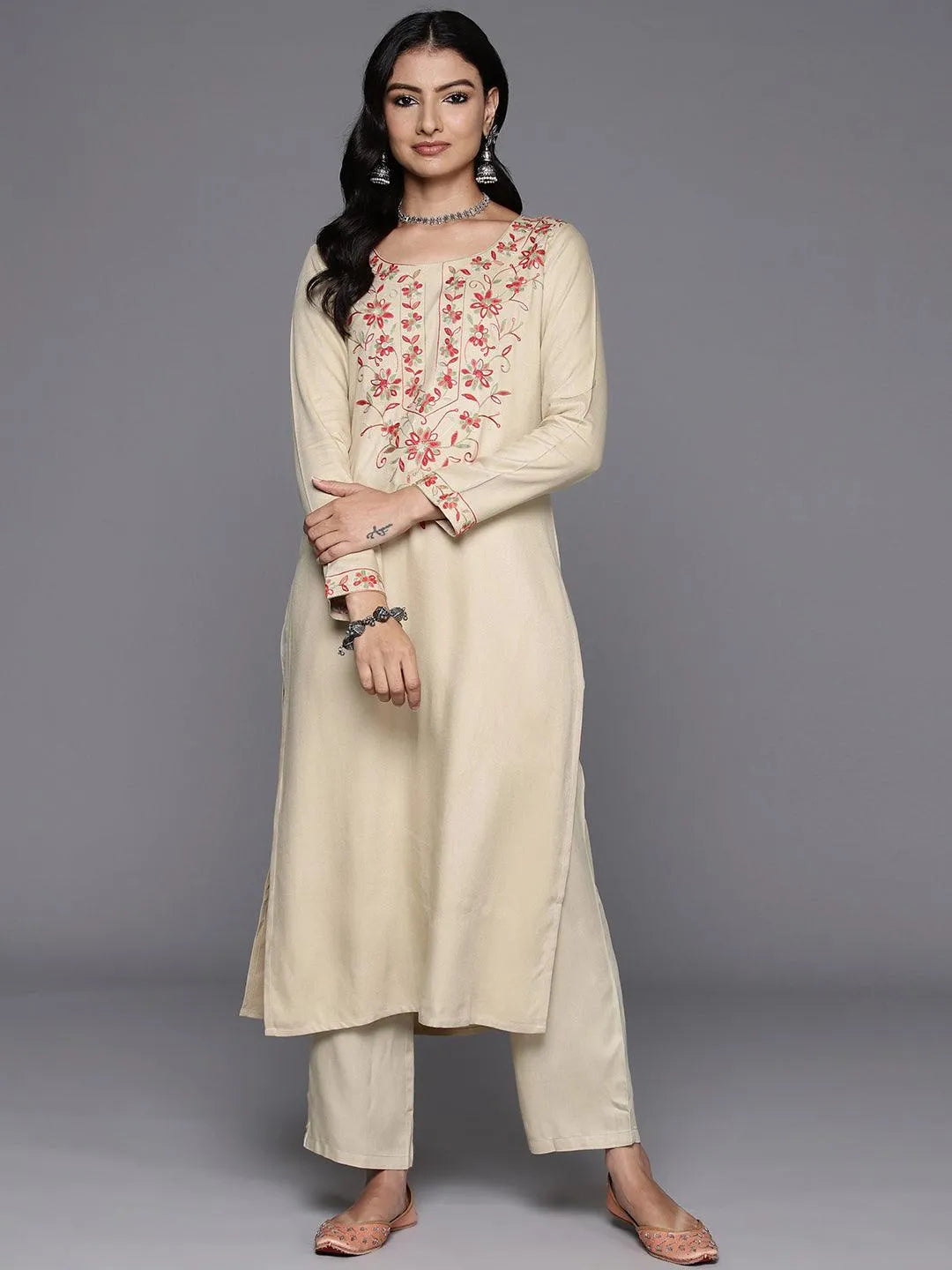 Beige Yoke Design Wool Blend Straight Kurta With Trousers - Libas