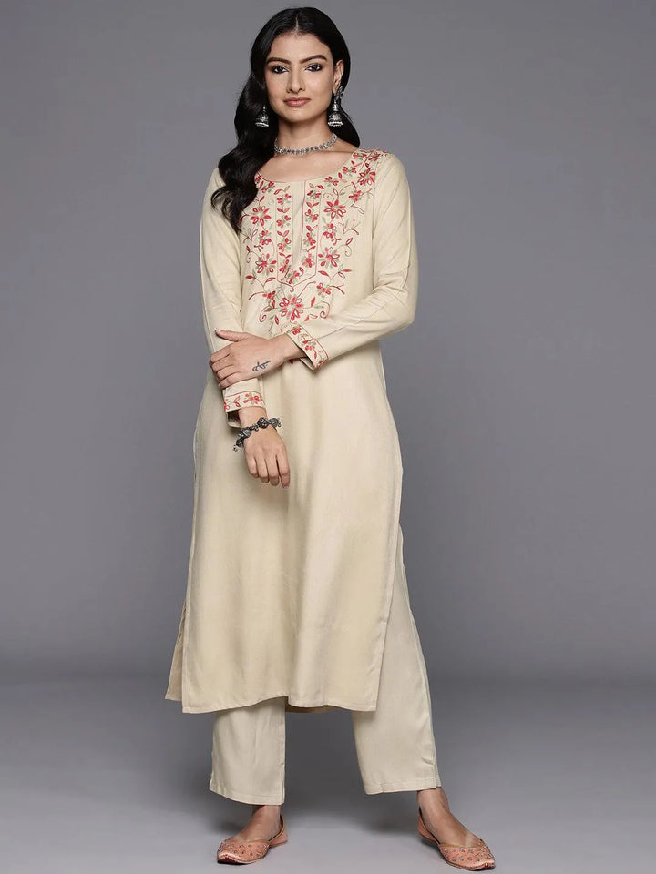 Beige Yoke Design Wool Blend Straight Kurta With Trousers - Libas