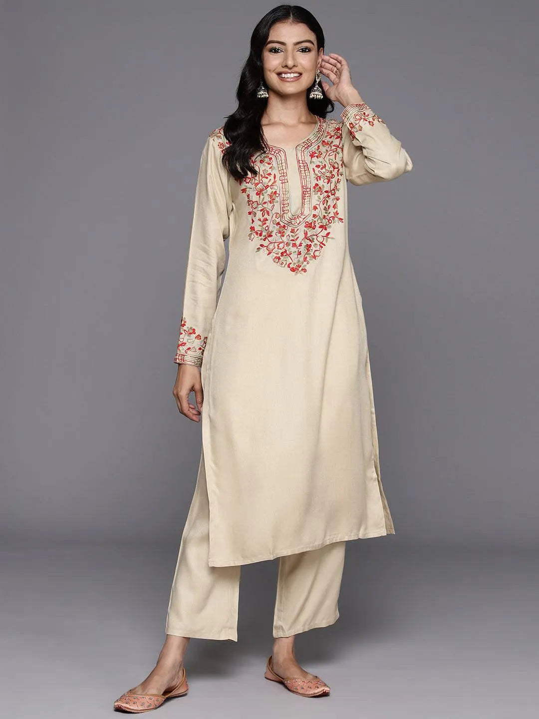 Beige Yoke Design Wool Blend Straight Kurta With Trousers - Libas