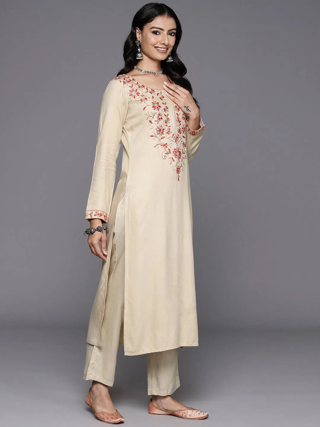 Beige Yoke Design Wool Blend Straight Kurta With Trousers - Libas 