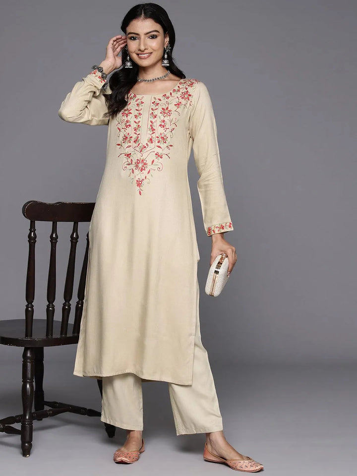 Beige Yoke Design Wool Blend Straight Kurta With Trousers - Libas