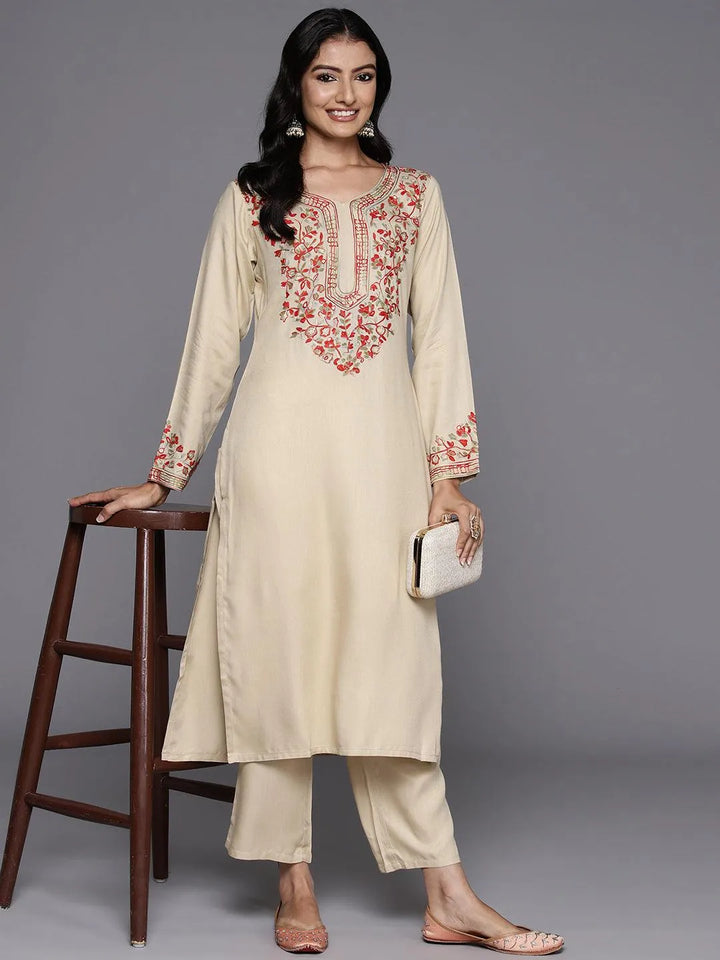 Beige Yoke Design Wool Blend Straight Kurta With Trousers - Libas