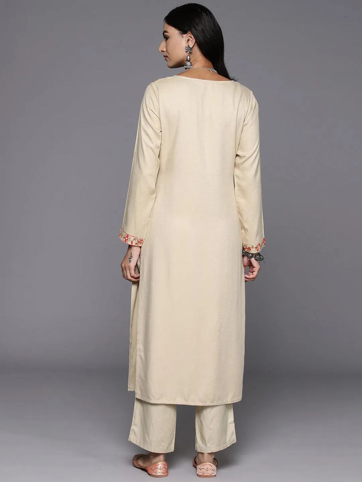 Beige Yoke Design Wool Blend Straight Kurta With Trousers - Libas