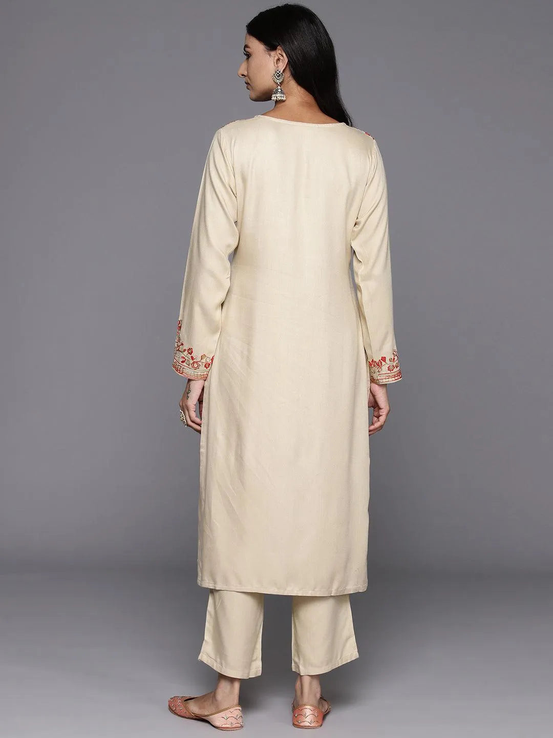 Beige Yoke Design Wool Blend Straight Kurta With Trousers - Libas