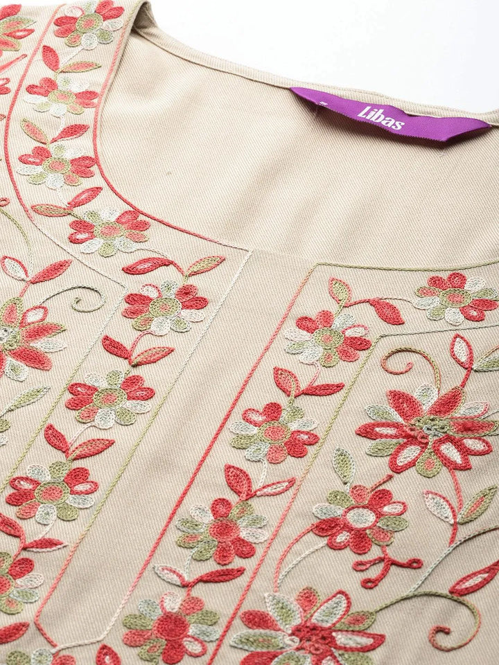 Beige Yoke Design Wool Blend Straight Kurta With Trousers - Libas