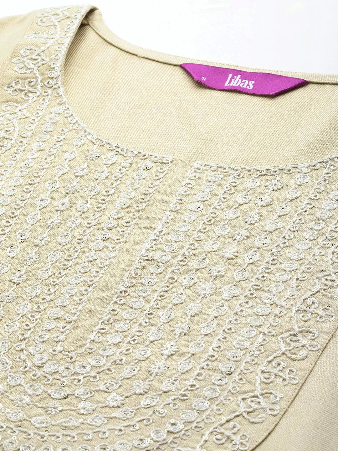 Beige Yoke Design Wool Blend Straight Kurta With Trousers - Libas 