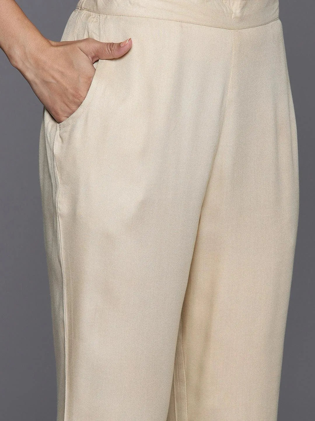 Beige Yoke Design Wool Blend Straight Kurta With Trousers - Libas 