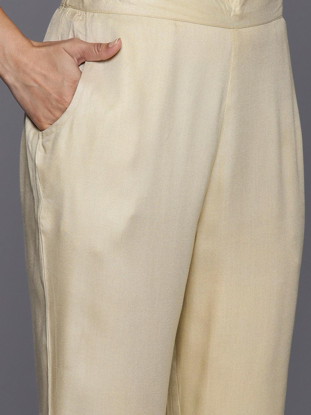 Beige Yoke Design Wool Blend Straight Kurta With Trousers - Libas