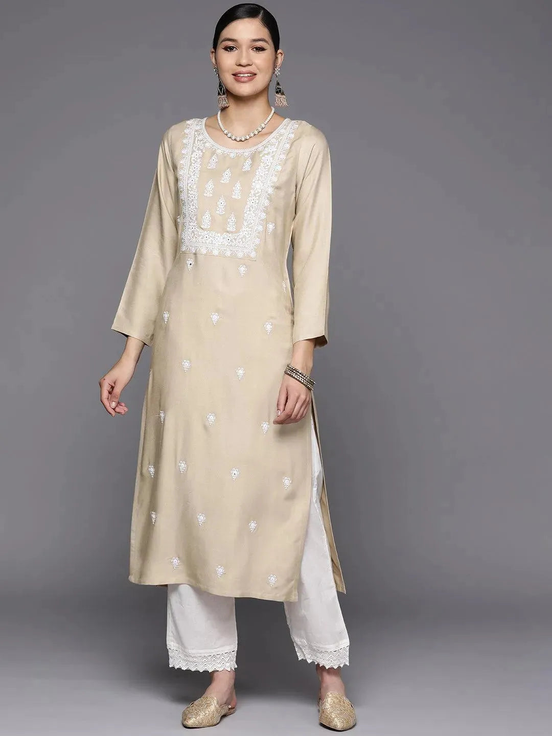 Beige Yoke Design Wool Straight Kurta - Libas