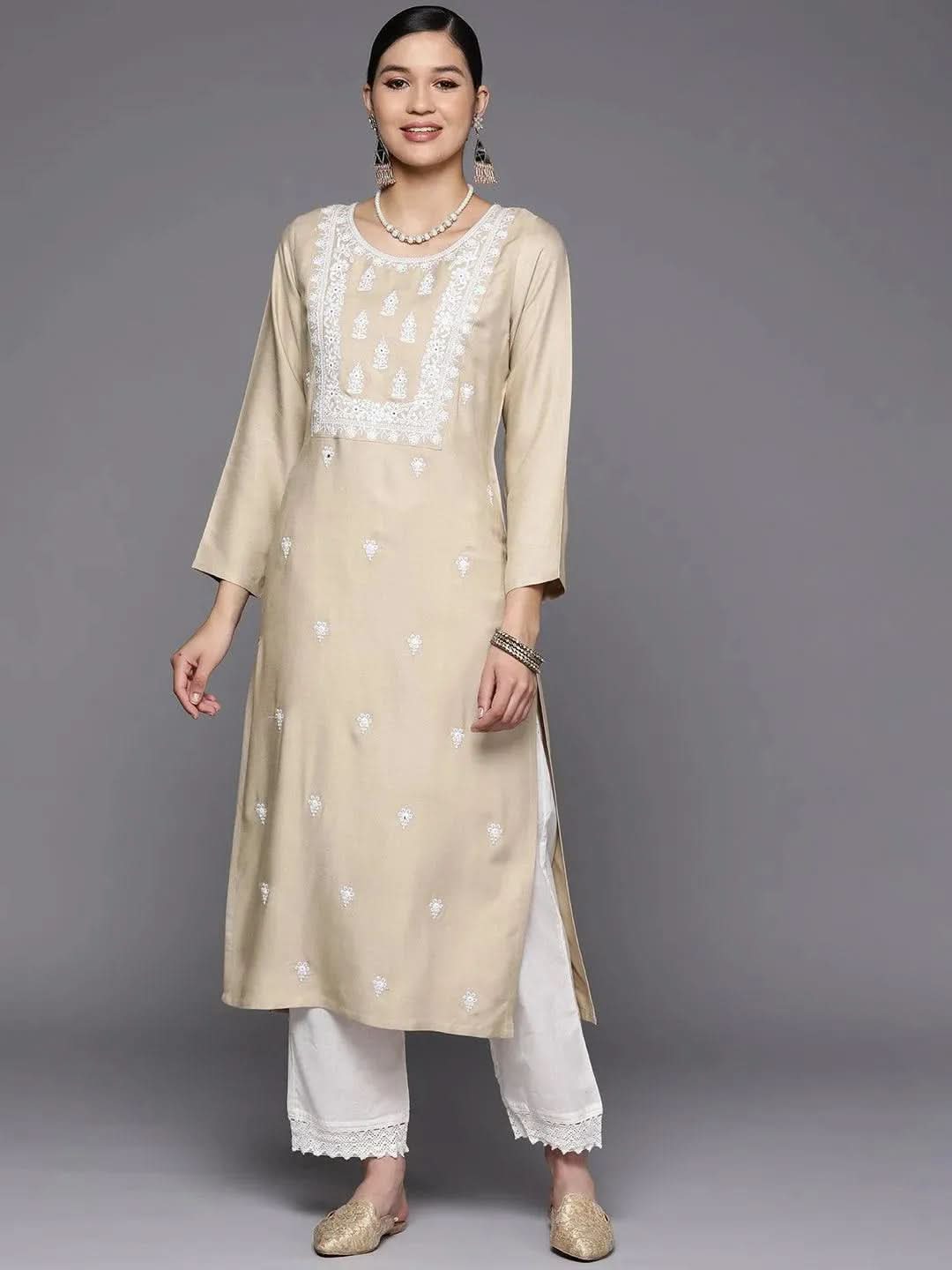 

Beige Yoke Design Wool Straight Kurta