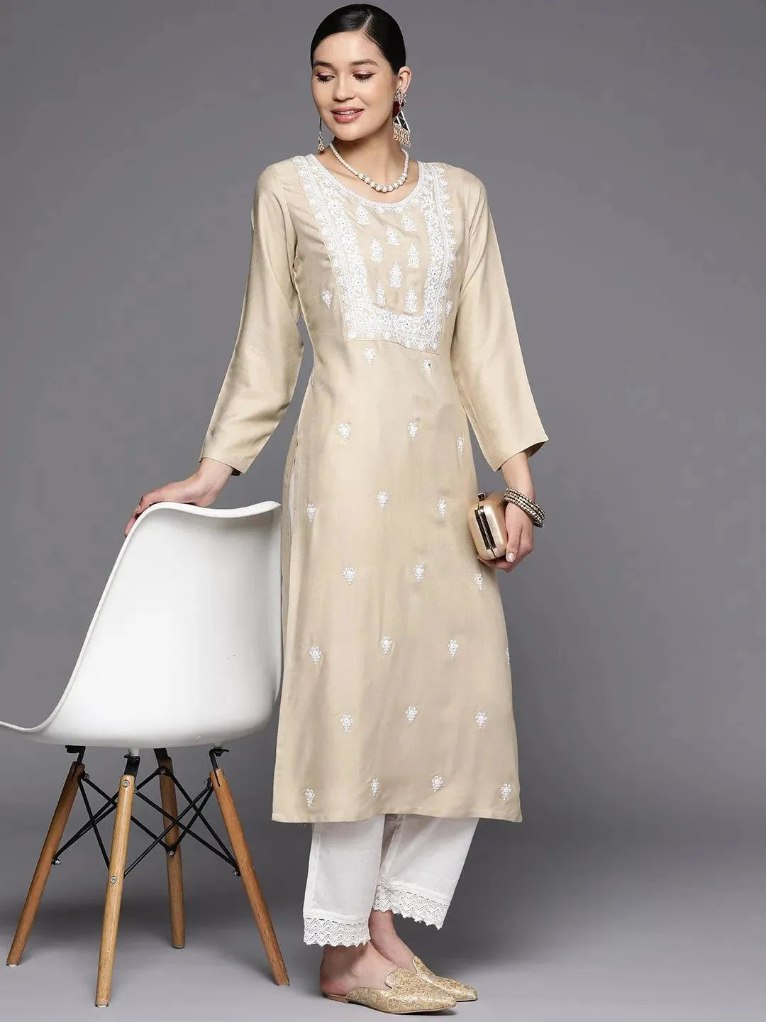 Beige Yoke Design Wool Straight Kurta - Libas