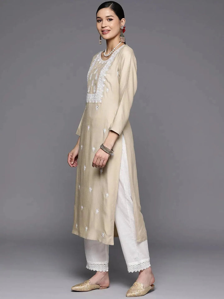 Beige Yoke Design Wool Straight Kurta - Libas