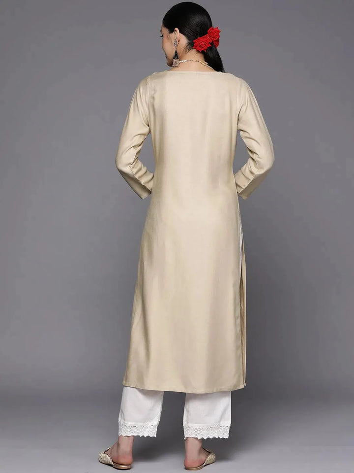 Beige Yoke Design Wool Straight Kurta - Libas