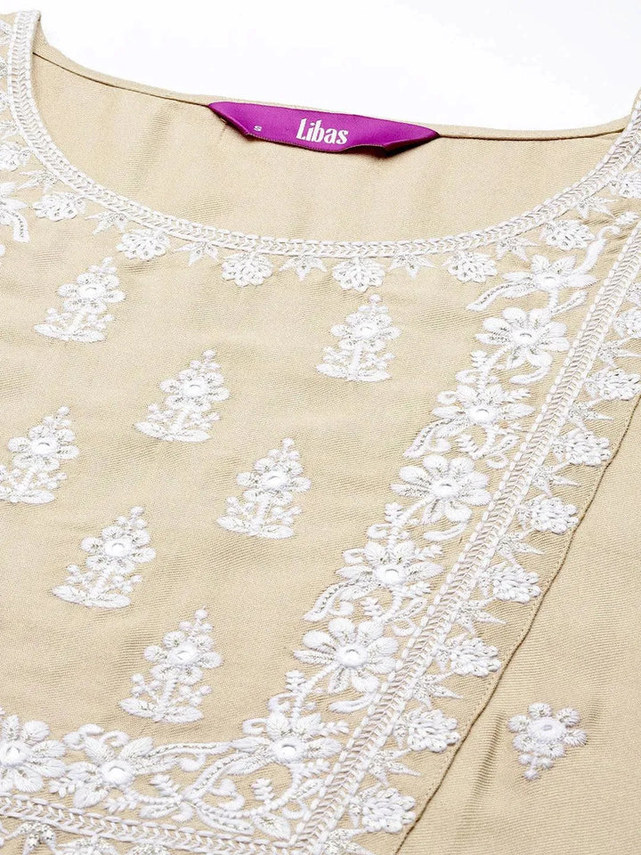 Beige Yoke Design Wool Straight Kurta - Libas