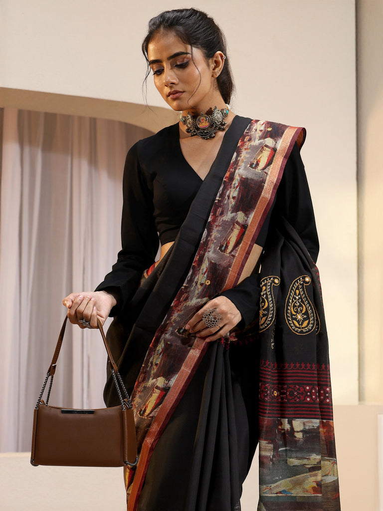Libas Black Abstract Art Print Silk Blend Saree
