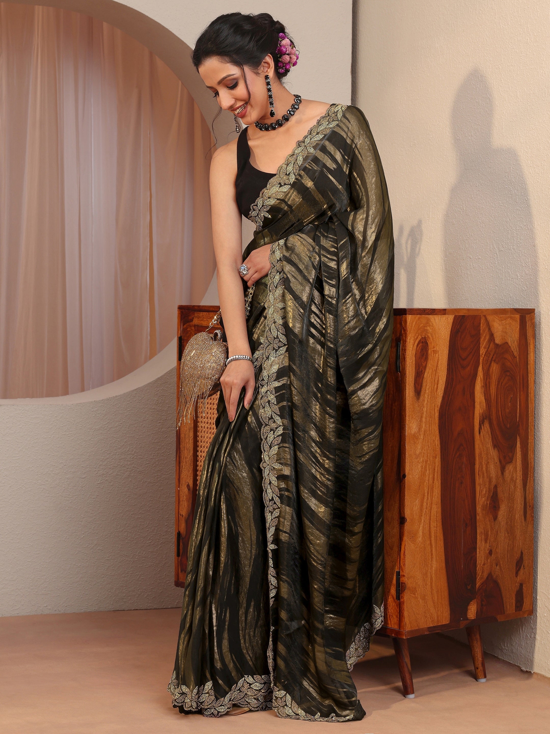 libas Black And Golden Tissue Saree With Embellished Border-picture-10