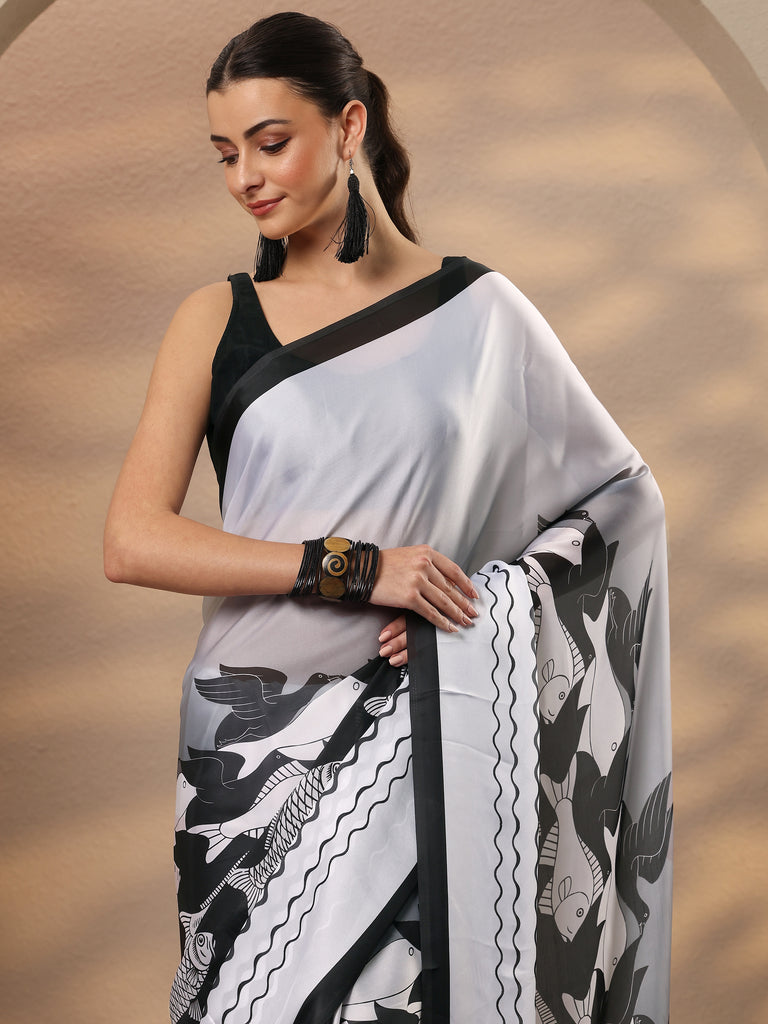 Libas Black Animal Printed Satin Saree With Unstitched Blouse Piece
