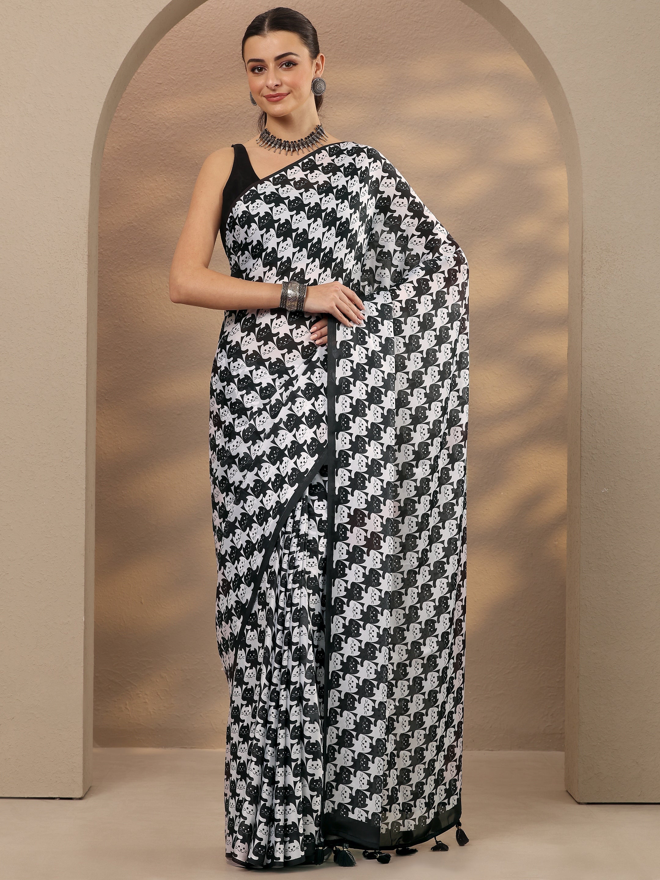 Black Animal Printed Satin Saree With Unstitched Blouse Piece-image-39