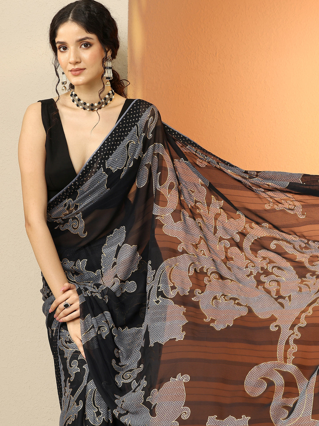  Black Bandhani Printed Georgette Saree With Unstitched Blouse Piece 
