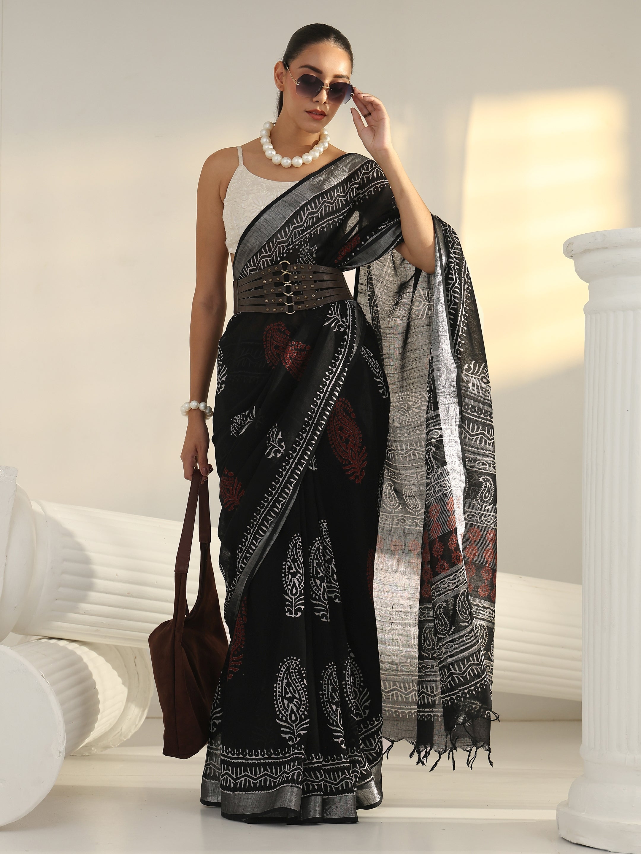 libas Black Block Print Cotton Saree-picture-38