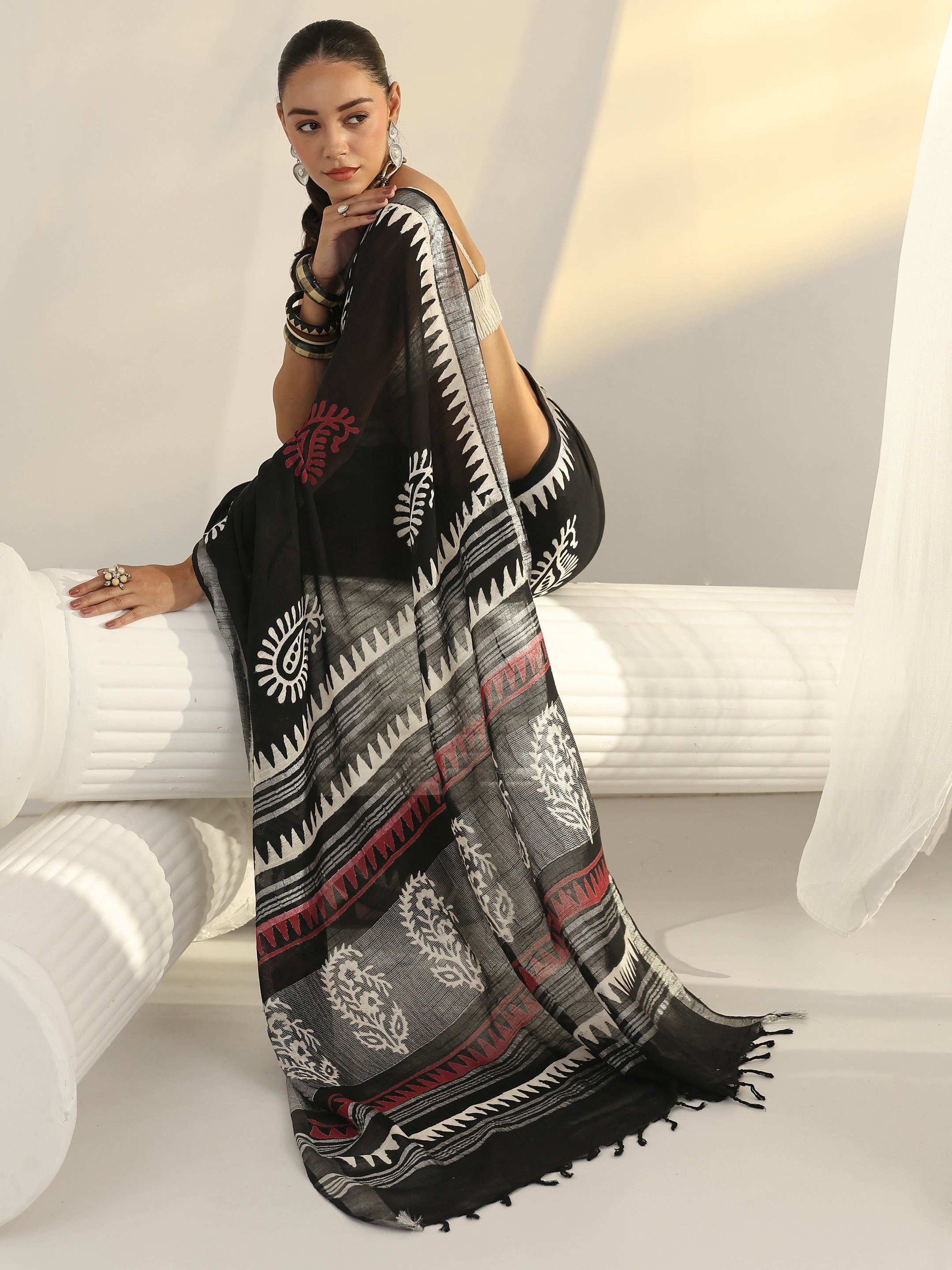 libas Black Block Print Cotton Saree-picture-16
