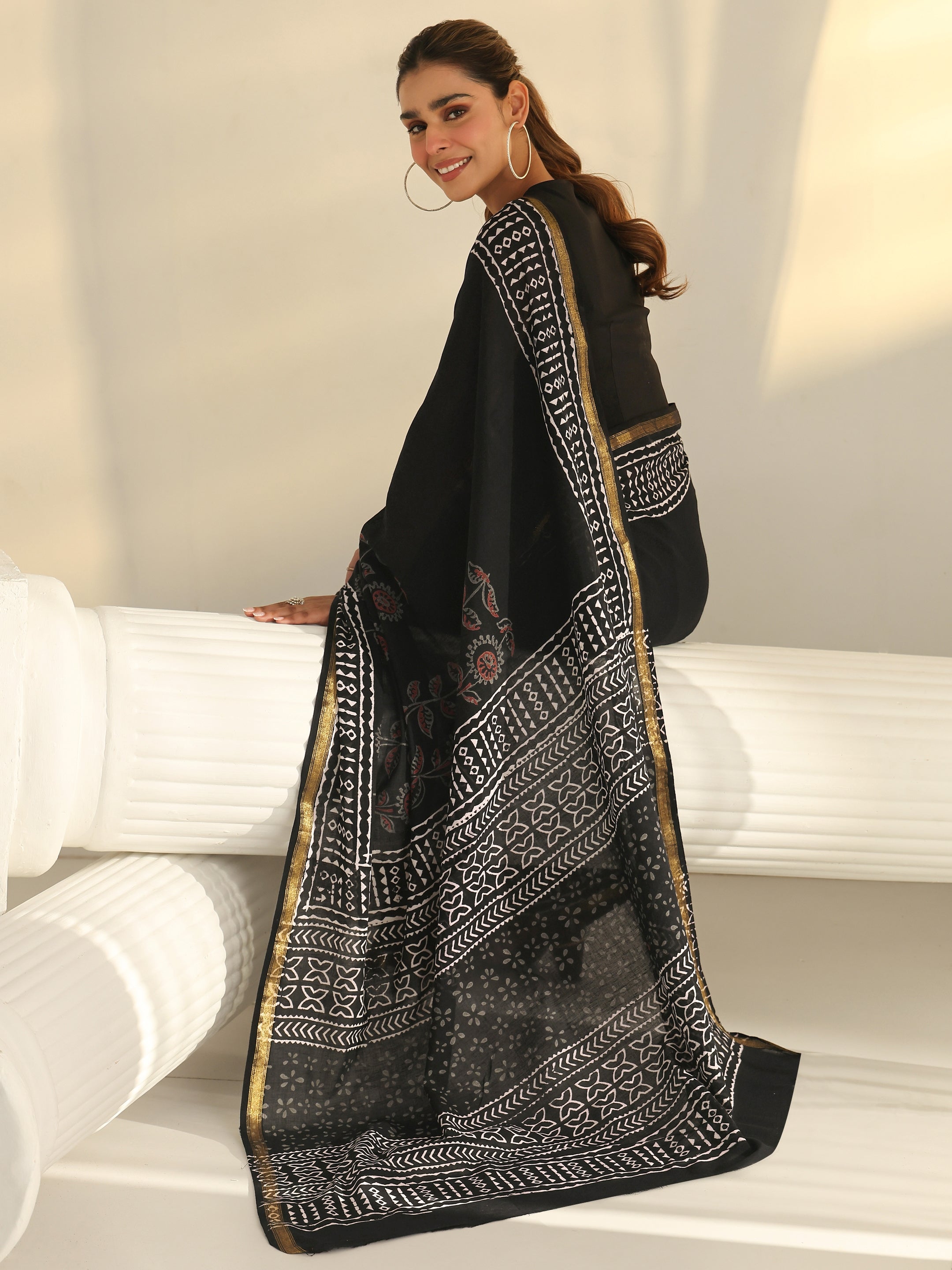 libas Black Block Print Cotton Saree-picture-58