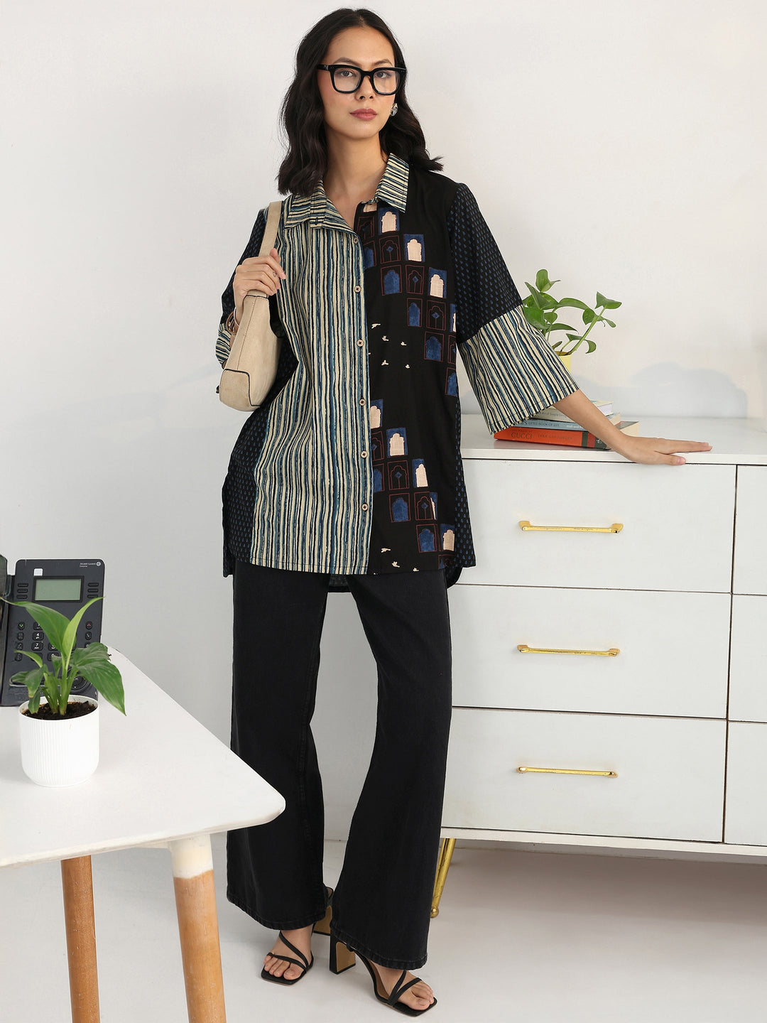  Black  Block Printed Cotton Blend Shirt 