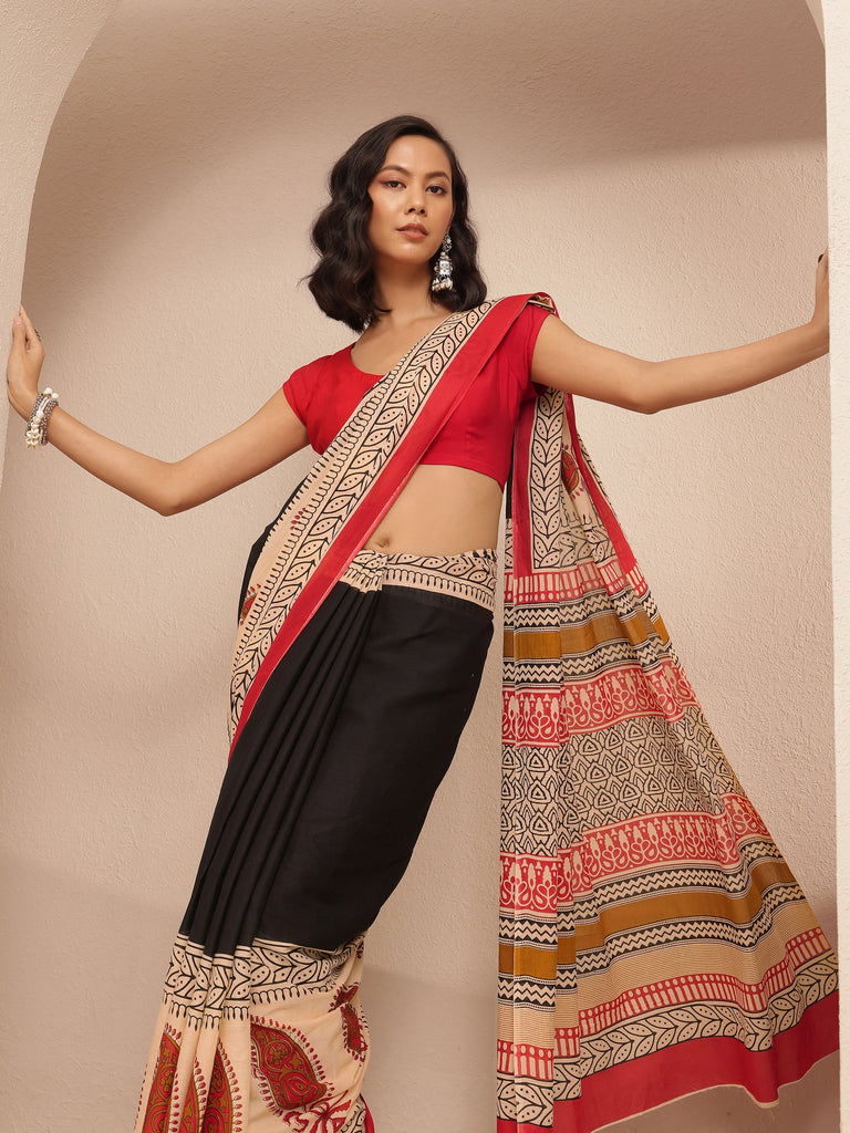 Libas Black Block Printed Cotton Saree With Unstitched Blouse Piece
