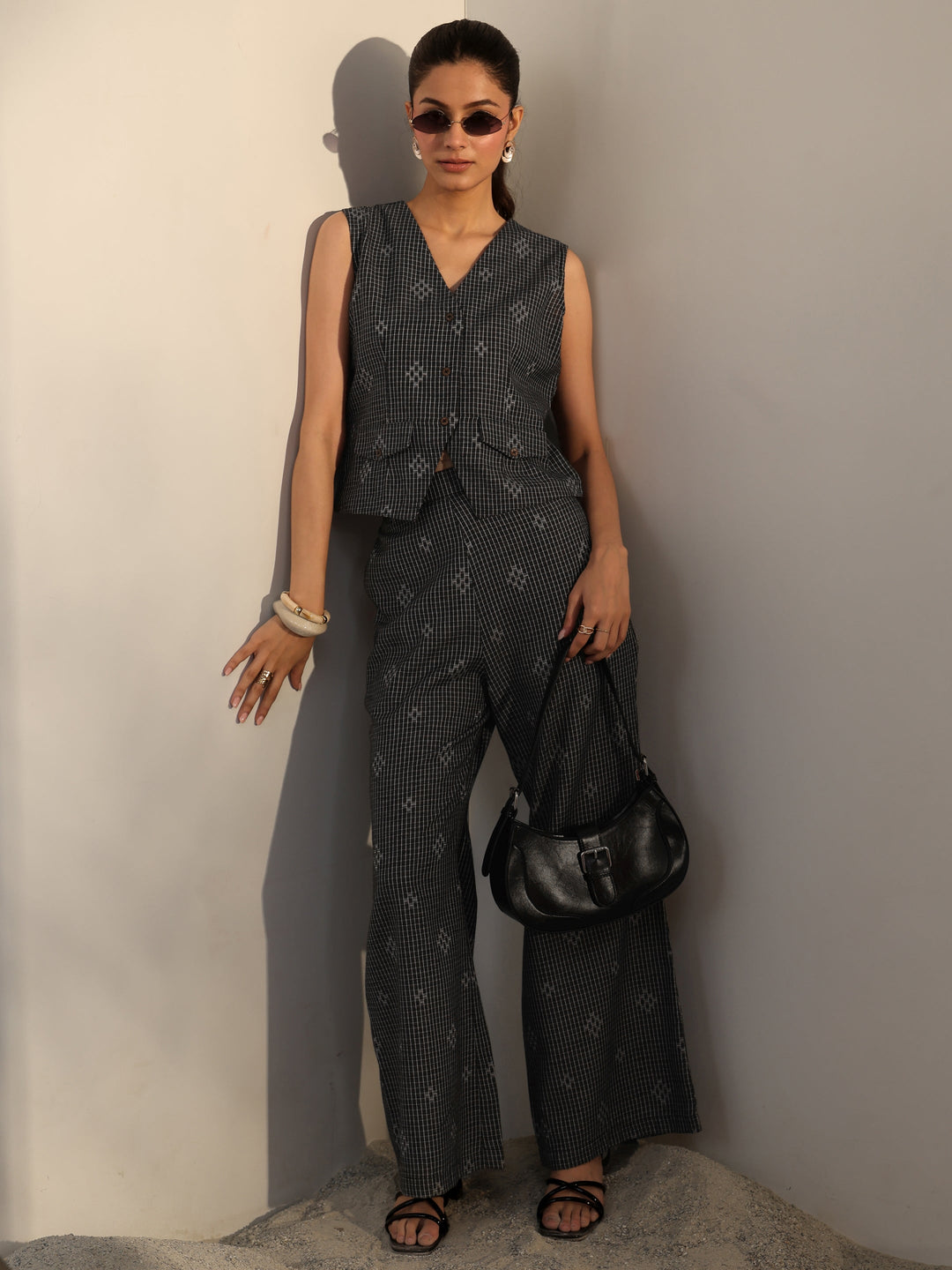  Black Checked Woven Design Cotton Blend Co-Ord Set 