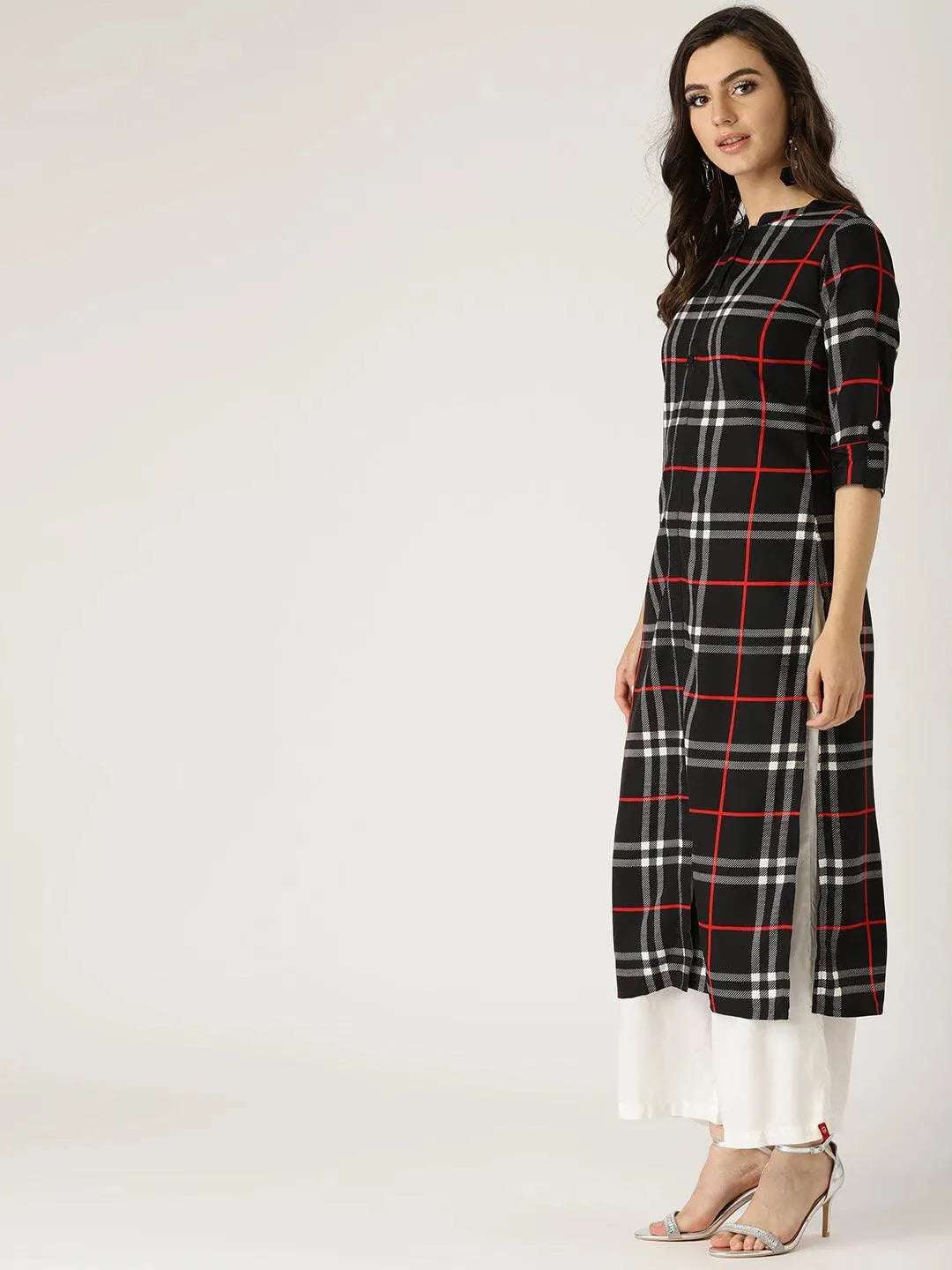 Black Checkered Crepe Kurta - Libas 