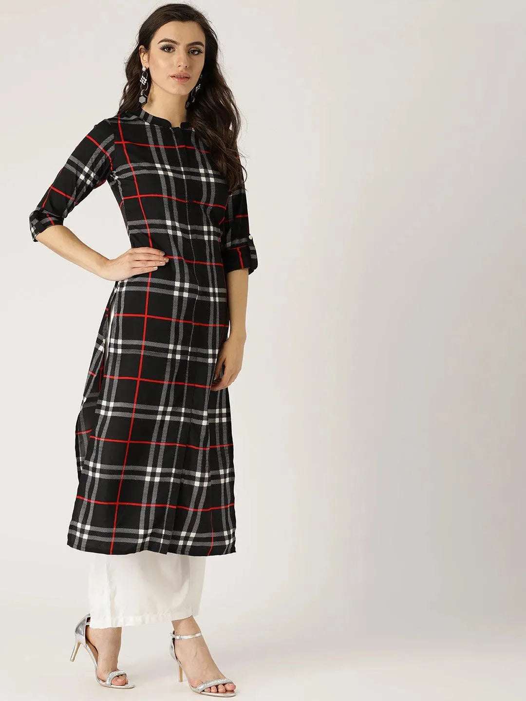 Black Checkered Crepe Kurta - Libas 